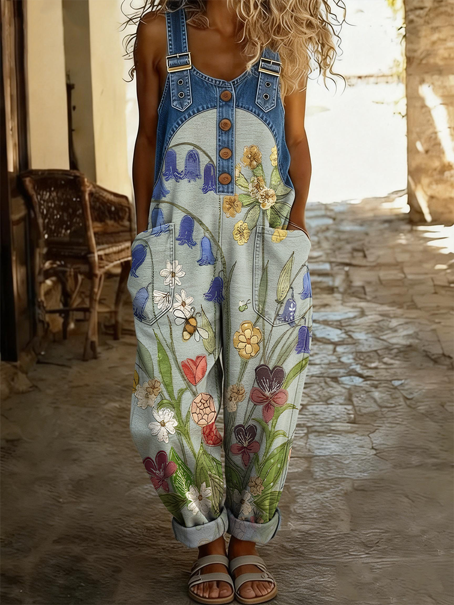 Women's Retro Floral Art Print Casual Sleeveless Denim Patchwork Jumpsuit